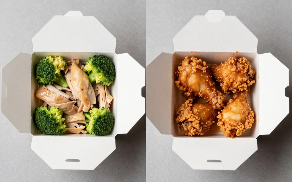 Steamed chicken and broccoli beside a fried dish, comparing lighter and heavier Chinese food mains