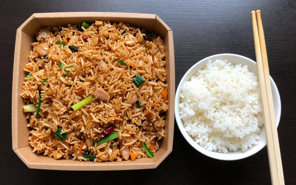 Top down view of fried rice next to steamed rice, showing the calories in fried rice versus a lighter side