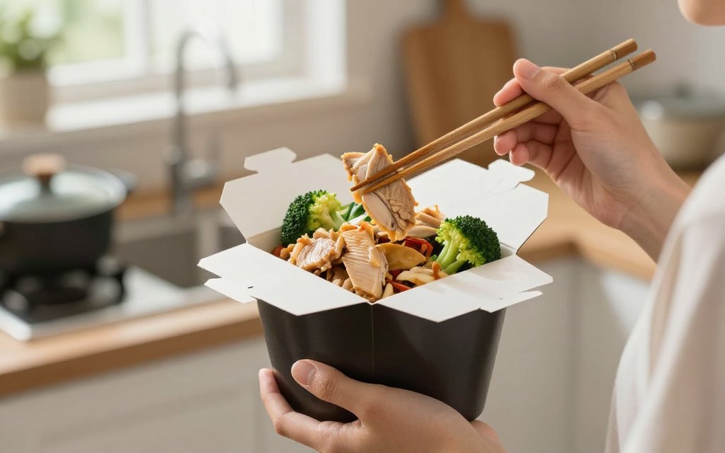 A lighter takeout box of chicken and vegetables, an example of a low calorie Chinese meal at home