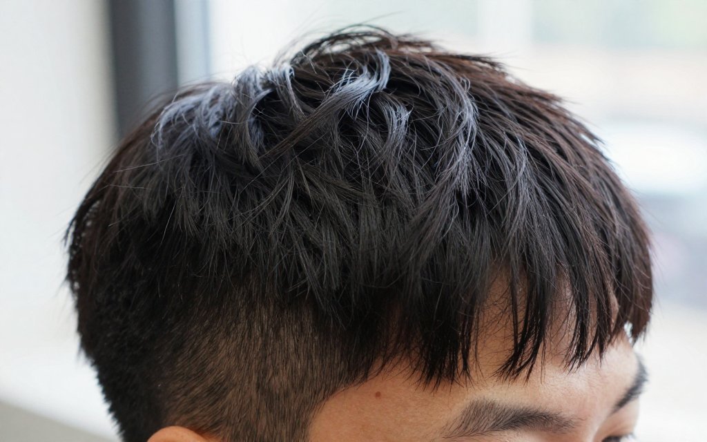 Close-up texture of a modern mullet showing short piecey layers and length
