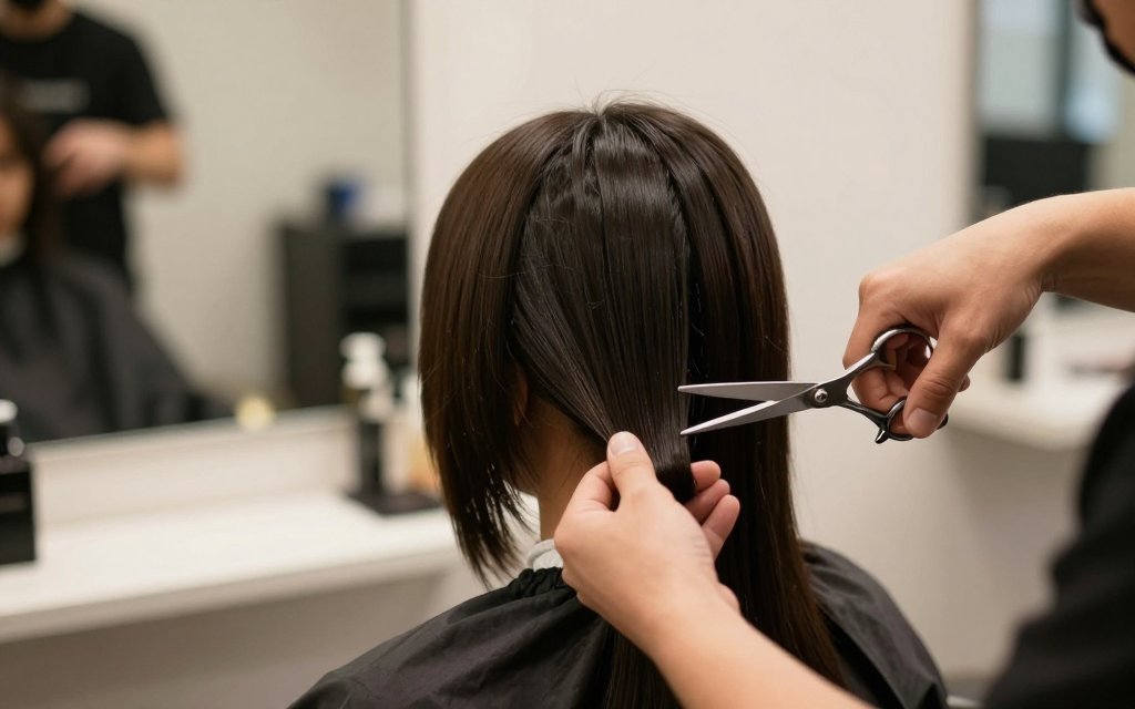 Stylist shaping the long back of a mullet in a salon, wolf cut vs mullet contrast