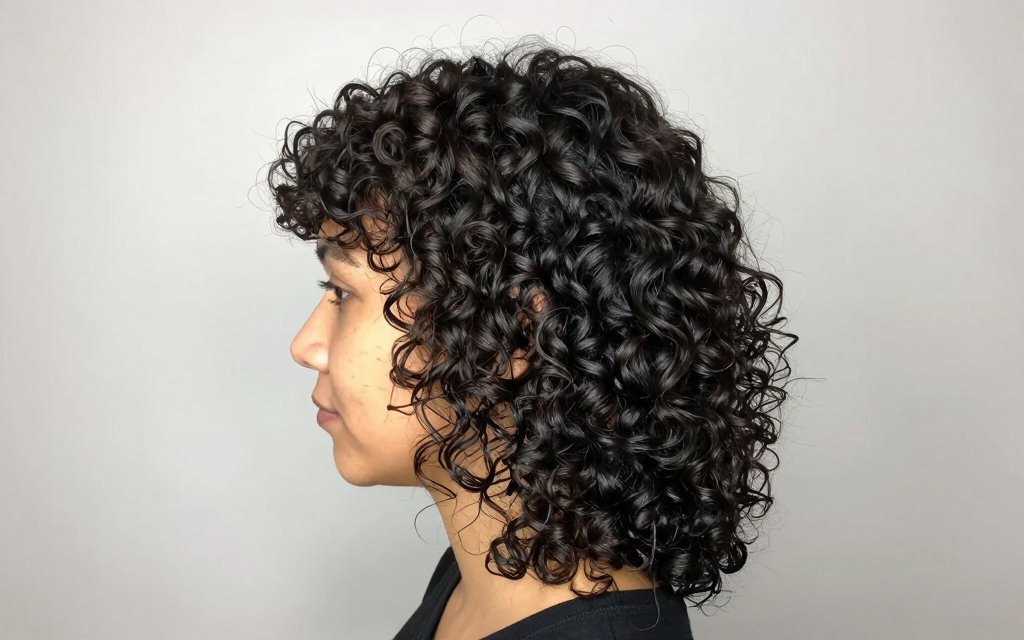 A curly mullet with volume at the crown and defined curls through the back