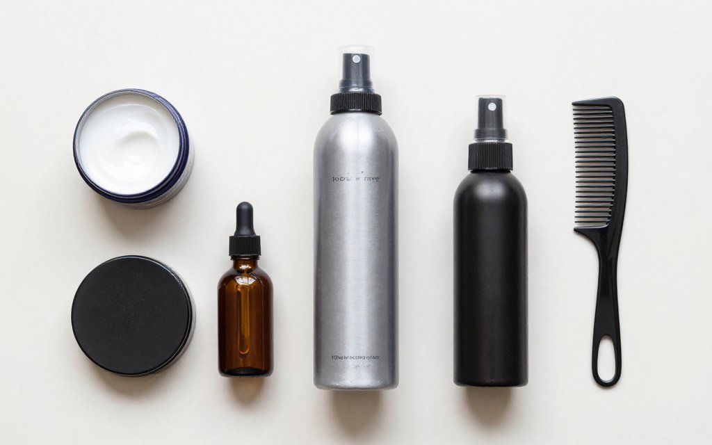 Flat lay of styling products used to maintain a modern mullet haircut