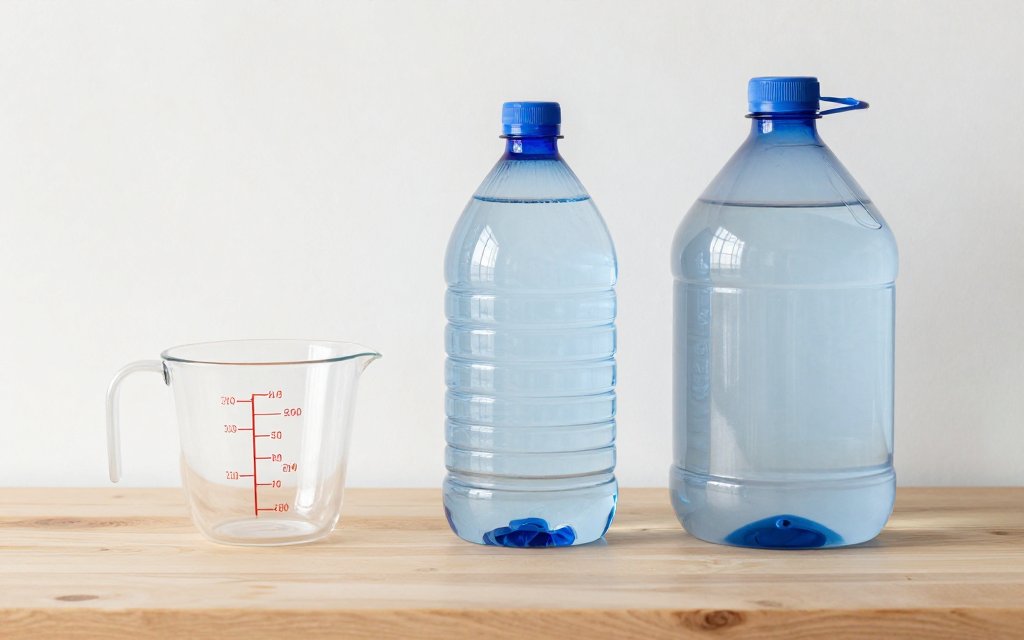 A cup, a liter bottle, and a gallon jug of water compared to show the water weight chart.