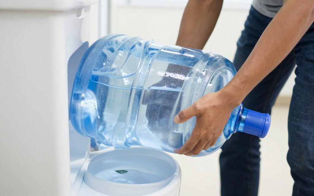 A person lifting a full five gallon water jug, showing how much 5 gallons of water weigh.