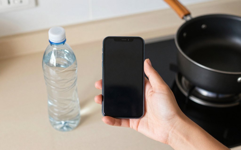A phone estimating the weight of a full water bottle from a photo on a kitchen counter.