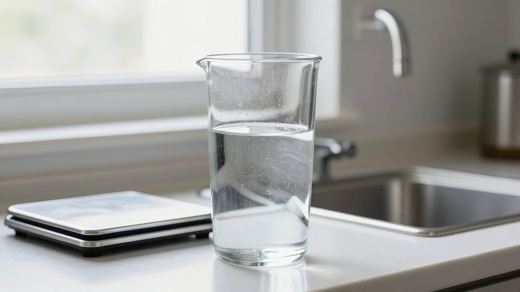 A clear one gallon jug of water on a kitchen scale showing the water weight per gallon.