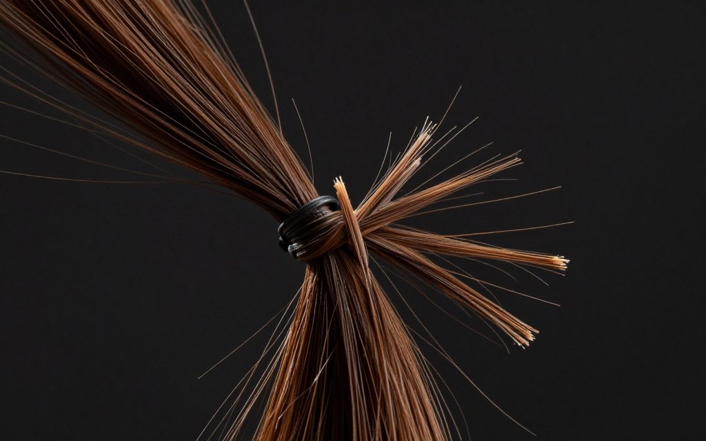 Extreme close-up of dry, frayed hair ends splitting into pale forks along the shaft