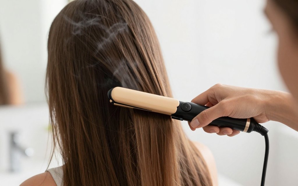 A flat iron pressing a section of brown hair with faint steam, showing how heat damage happens