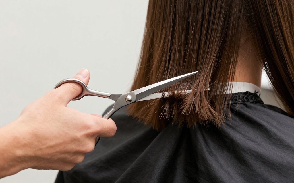 Salon scissors trimming the frayed, split ends off the bottom of long brown hair