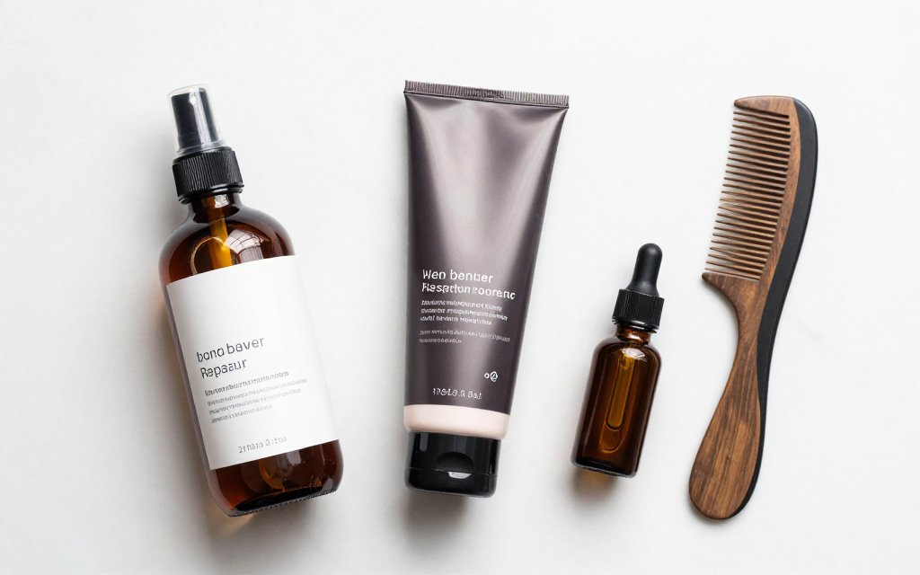 Top-down flat lay of a bond treatment, deep conditioner, hair oil and a wide-tooth comb on marble