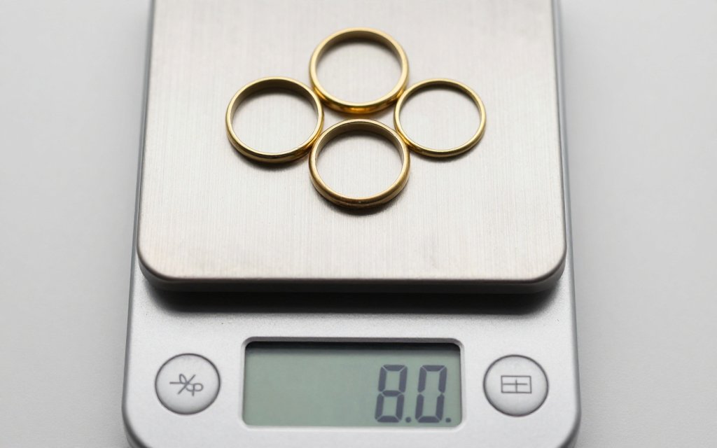 Gold rings on a digital scale showing how the gold price per gram is weighed