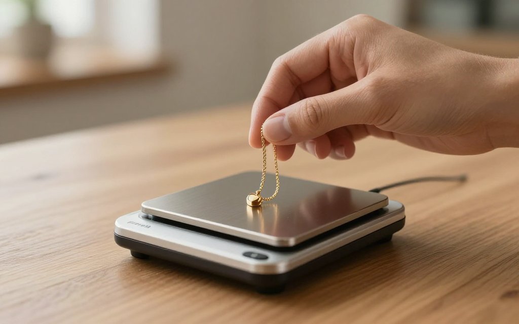 Hand weighing a gold necklace on a scale to value gold jewelry by weight
