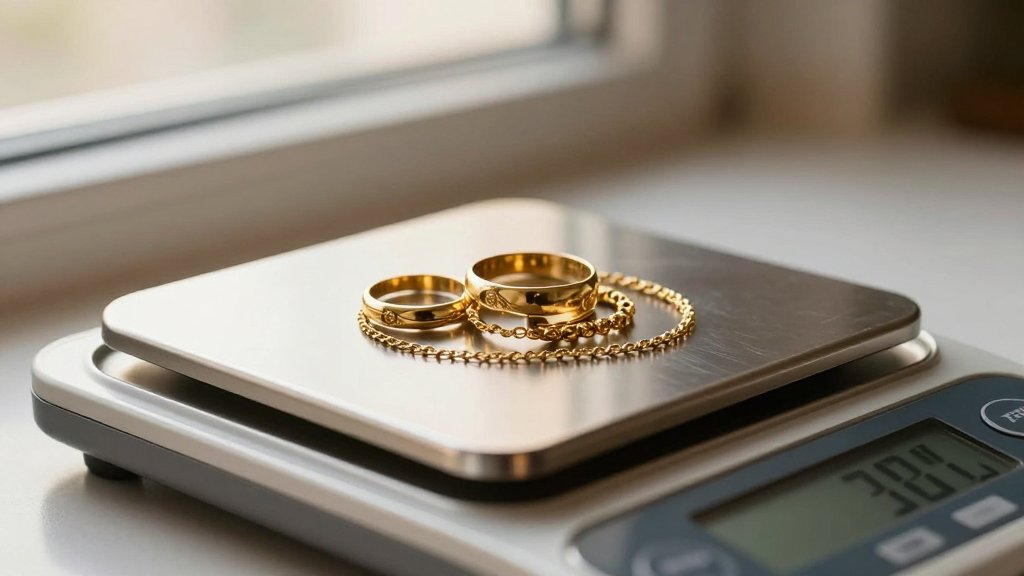 Gold rings and a chain on a digital scale illustrating the gold price per gram