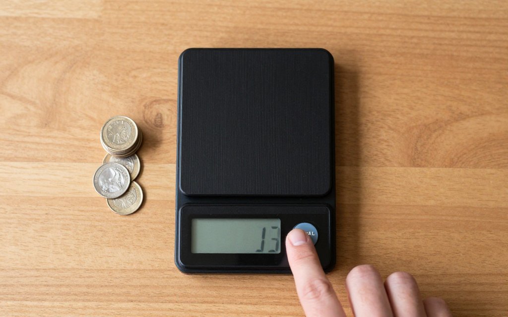 Top down view of a pocket scale in CAL mode with stacked nickels ready to calibrate a digital scale