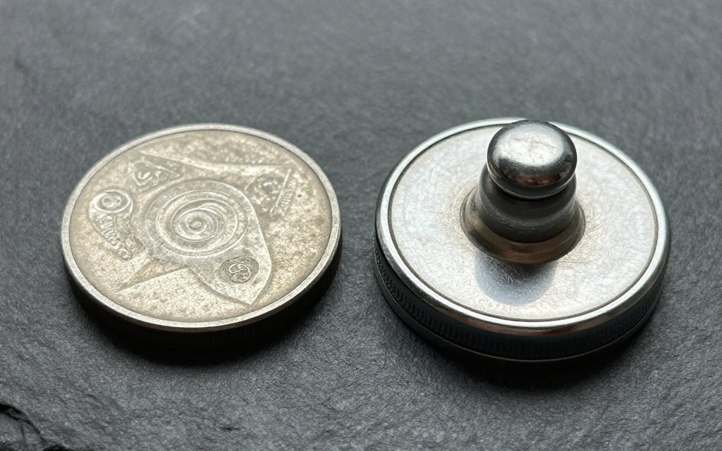 Worn nickel next to a new nickel and a chrome calibration weight for a scale accuracy comparison