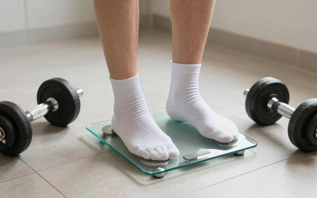 Person on a glass bathroom scale beside a dumbbell used for bathroom scale calibration