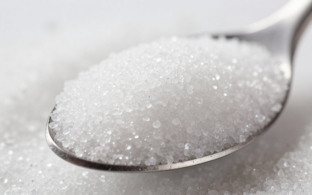 Macro close up of sugar crystals on a spoon, the added sugar that daily limits target