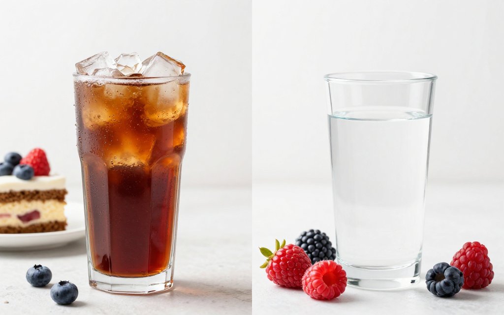 A sugary soda beside water and fruit, an easy swap that cuts daily sugar and calories
