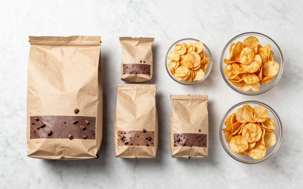 Different chocolate chip bag sizes laid out from six ounces to a full pound