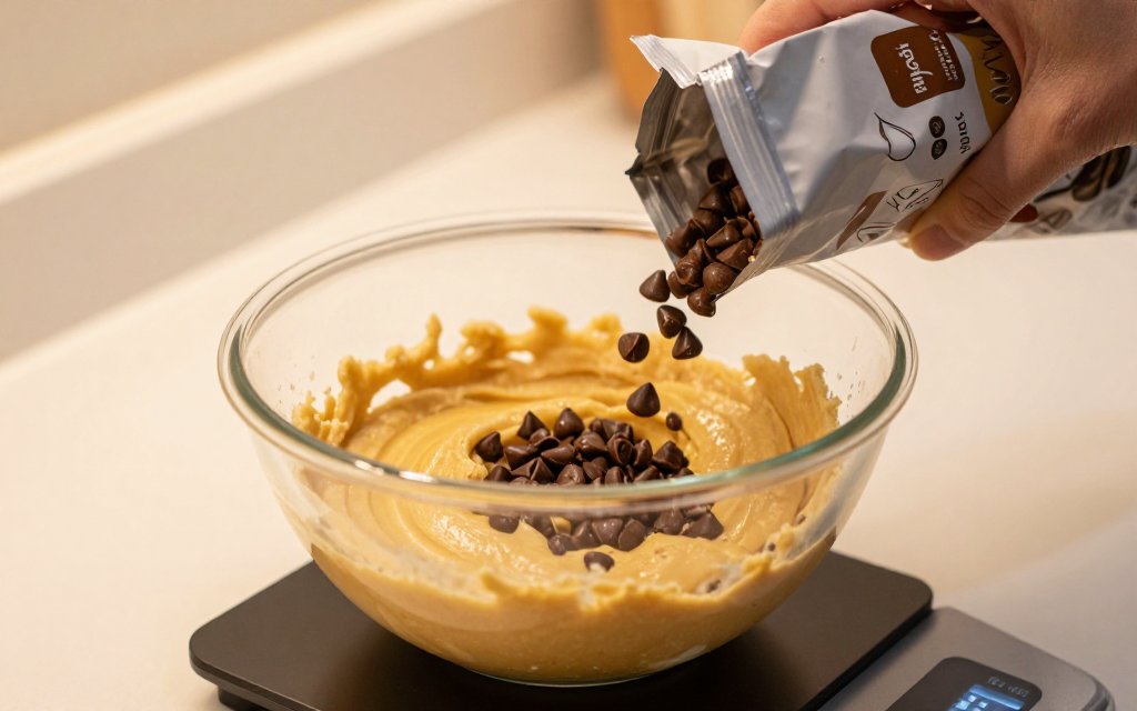 Hand adding chocolate chips to cookie dough while weighing them in grams