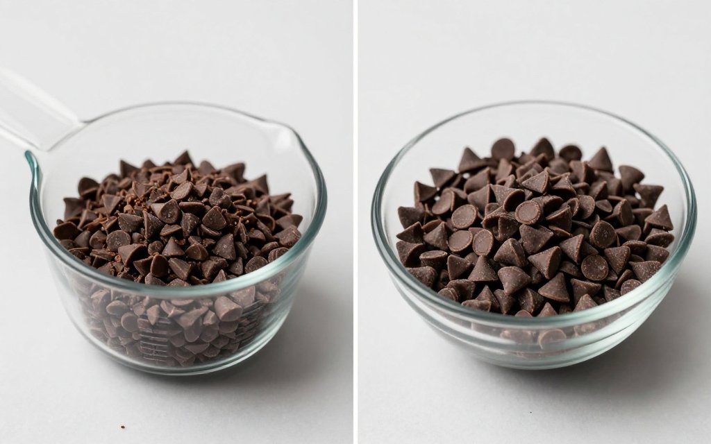 A measuring cup of chocolate chips compared with the same chips weighed in grams