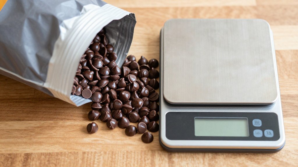 Chocolate chips poured from a bag onto a digital kitchen scale on a wooden counter