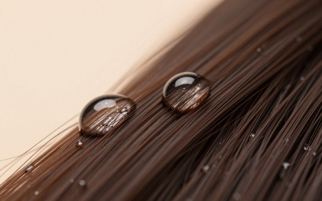 Water droplets beading on a smooth strand of low porosity hair