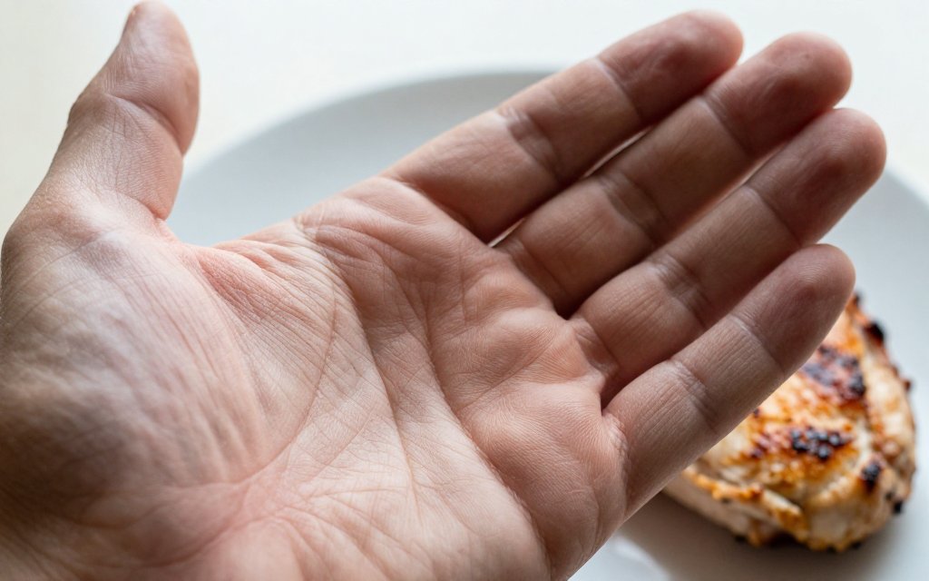 A palm next to a cooked chicken breast showing hand portion sizes