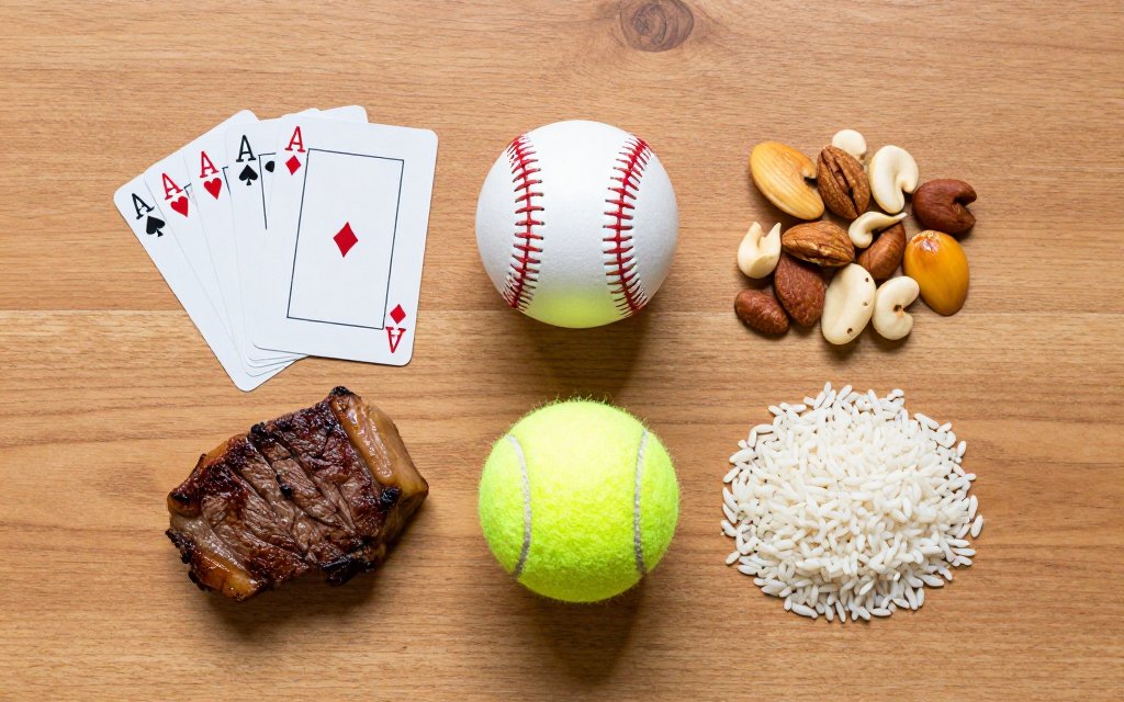 Everyday objects arranged beside matching food portions on a table