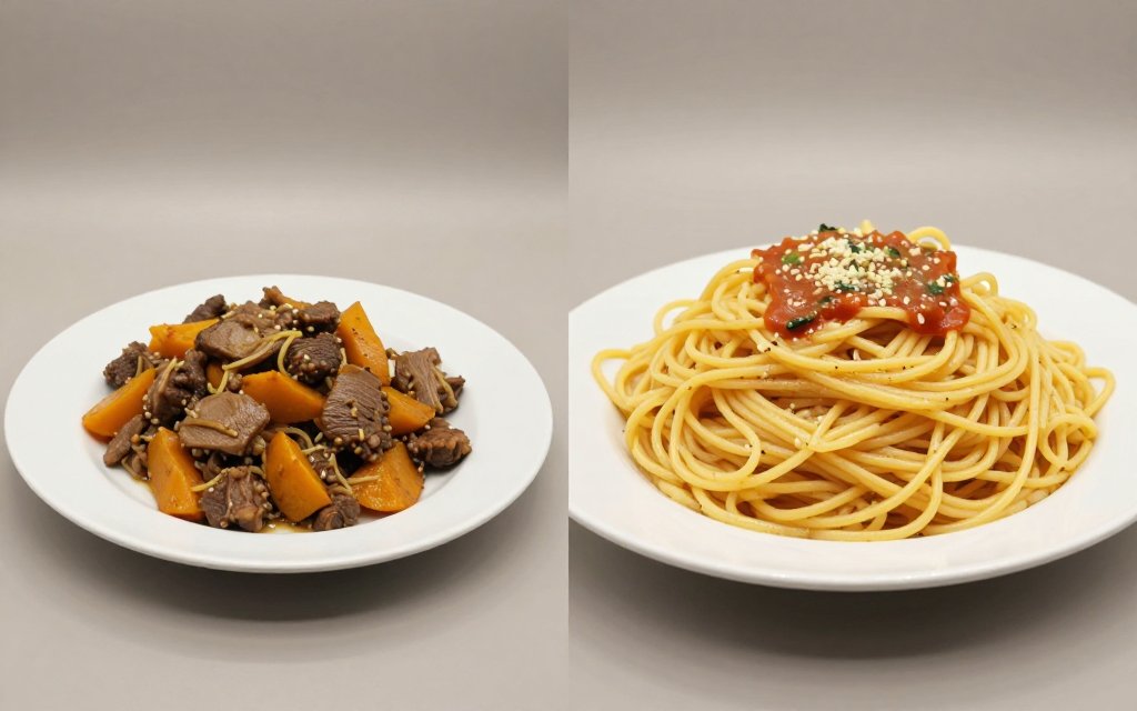A small home plate next to an oversized restaurant plate for portion control