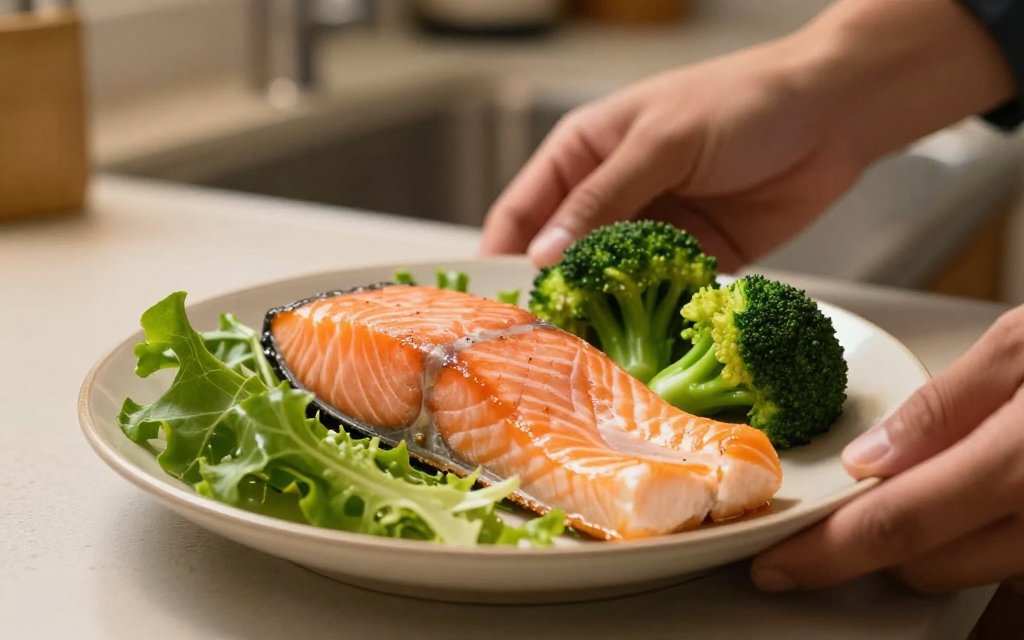 A smaller plate holding a palm of salmon and a fist of broccoli