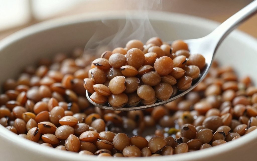Spoonful of cooked lentils, one of the most filling high fiber foods