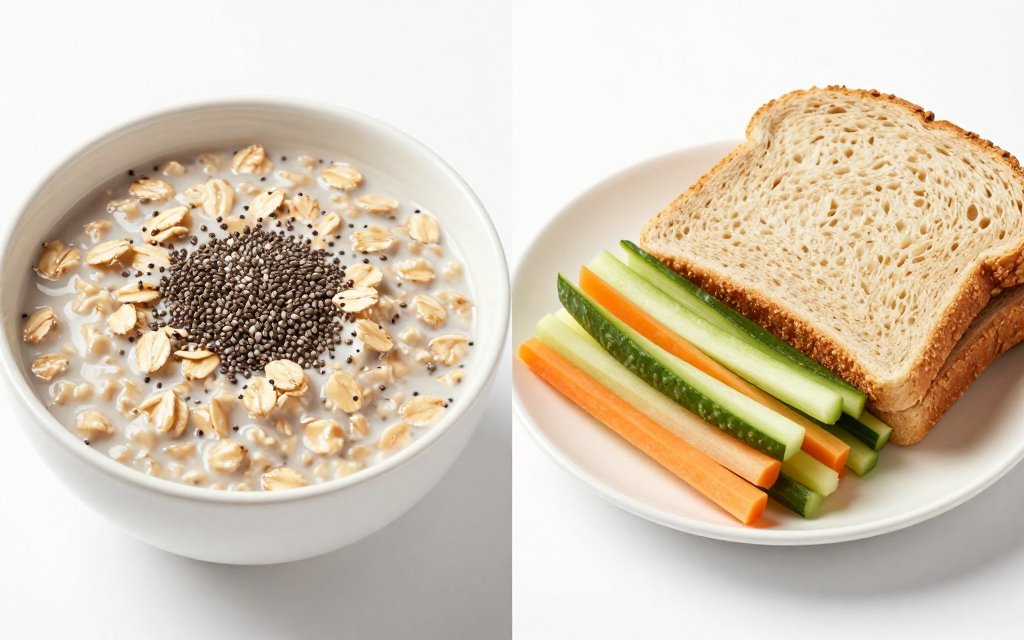 Soluble fiber foods beside insoluble fiber foods shown side by side for comparison