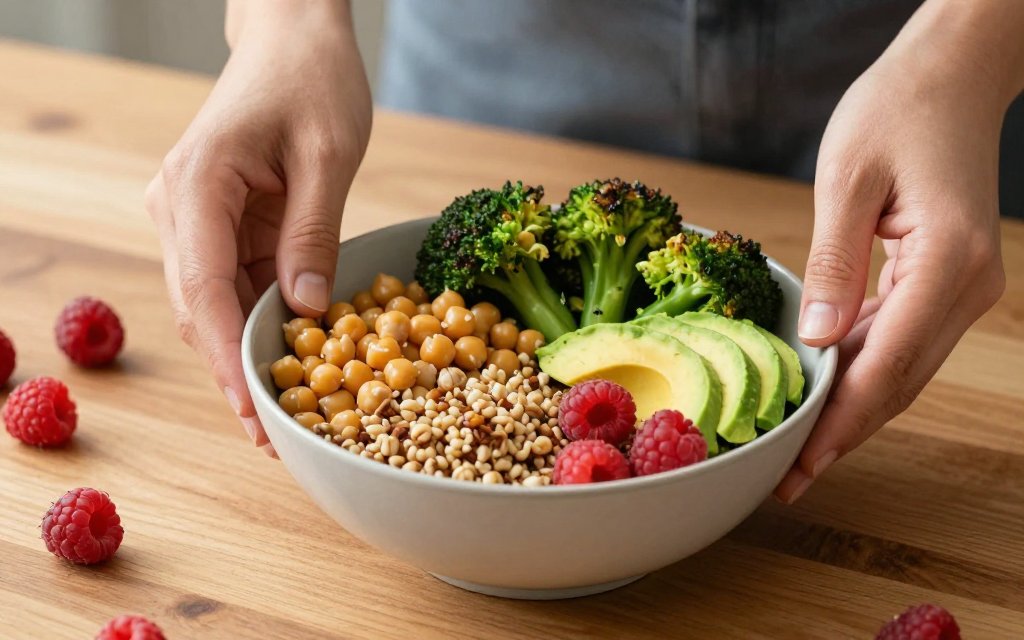 Hands building a grain bowl from fiber rich foods like chickpeas and broccoli