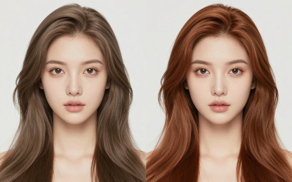 Cool ash brown versus warm copper hair color compared on fair skin