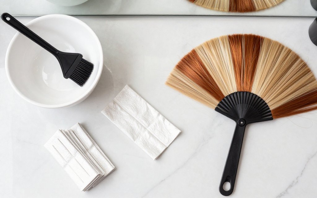 Flat lay of salon hair color tools with blonde and copper swatches