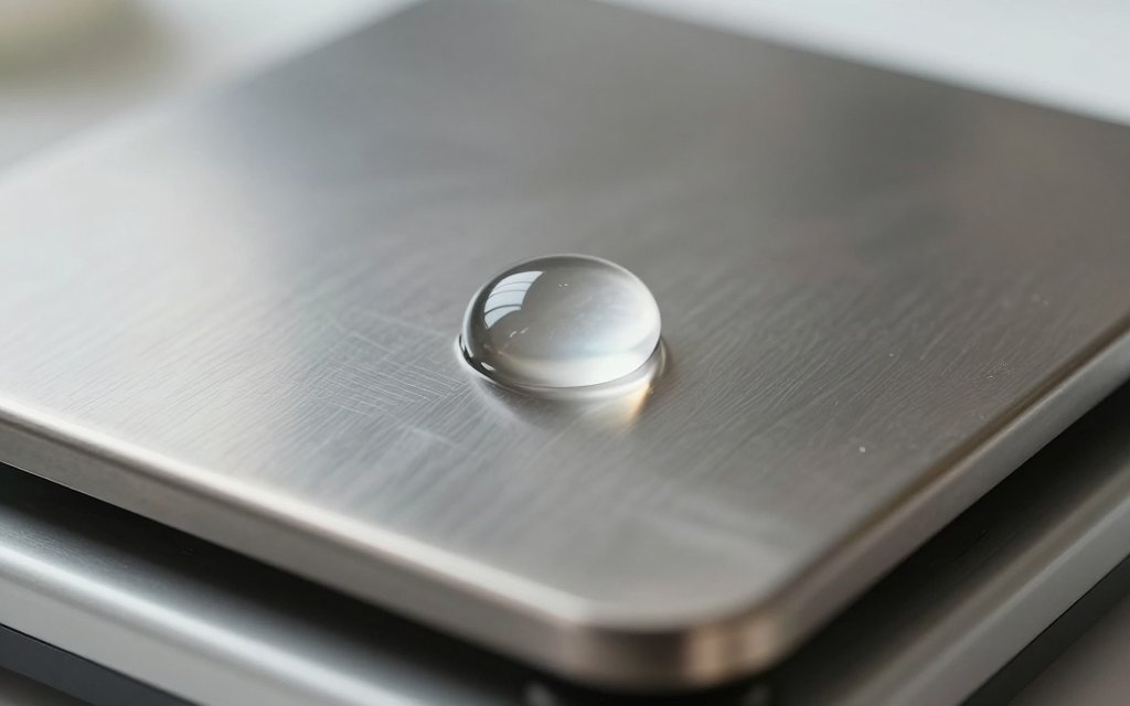 Macro water droplet on a kitchen scale showing grams to ml at one to one