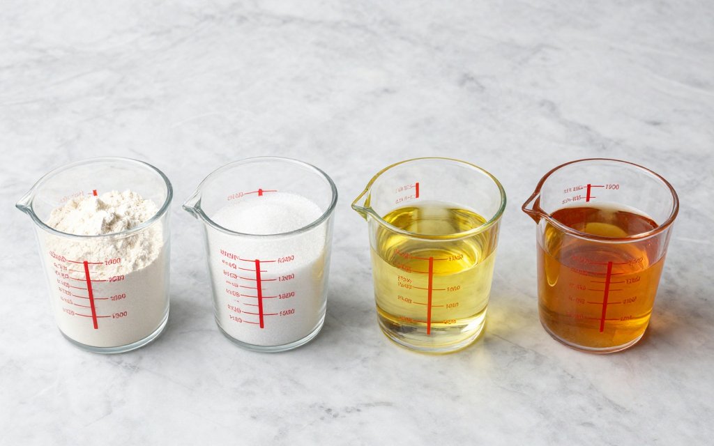 Top down measuring cups of flour sugar oil and honey showing how many grams in a ml