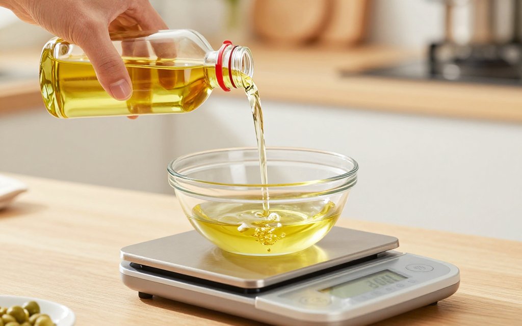 Pouring oil onto a digital scale to show a grams to ml conversion by weight