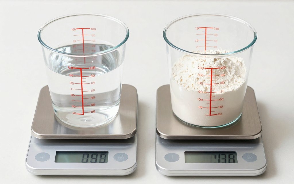 Two identical cups of water and flour on a scale showing 240 ml to grams differ
