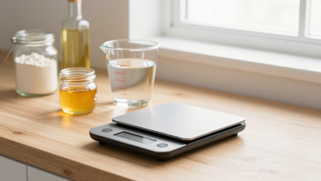 Digital kitchen scale with water flour oil and honey showing grams to ml differences