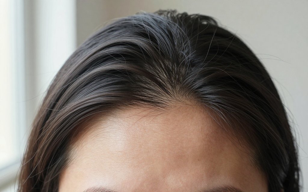 New gray roots growing in at a center part while going gray