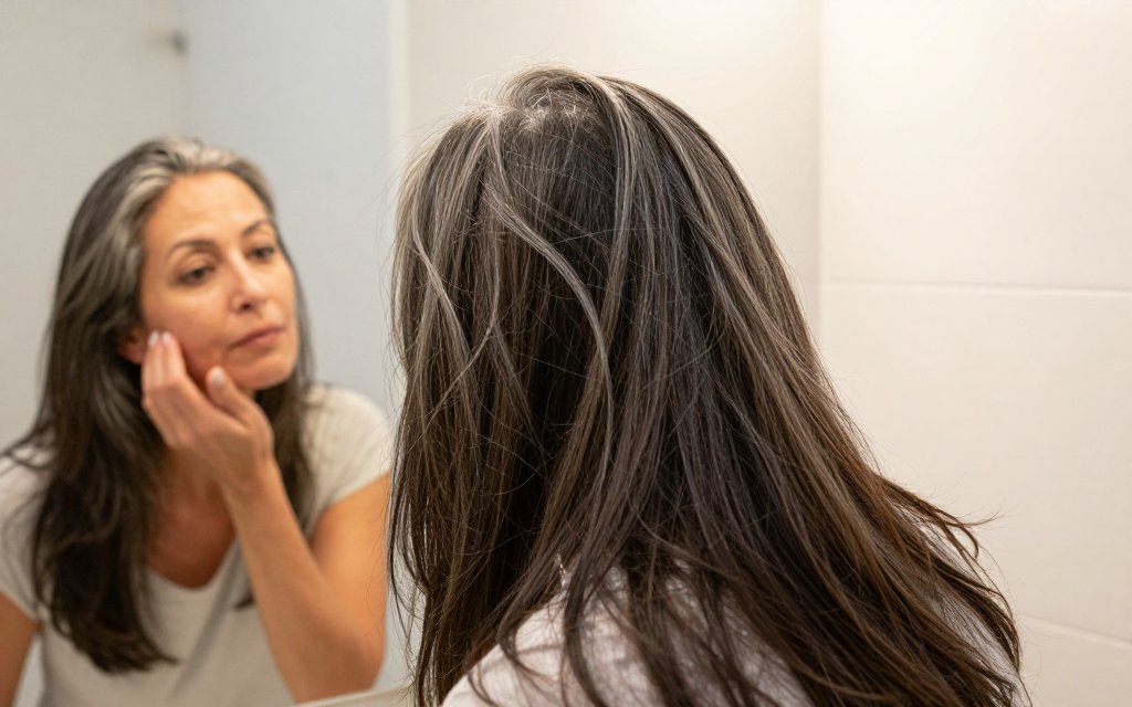 Woman checking her growing out gray hair in a mirror at home