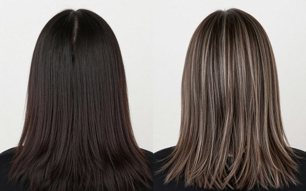 Before and after of gray blending for dark hair, hard line to soft blend