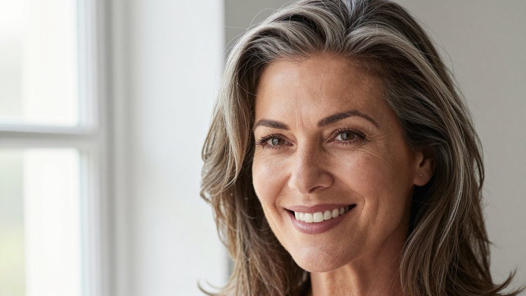 Woman with gray blending in her salt and pepper hair standing in daylight