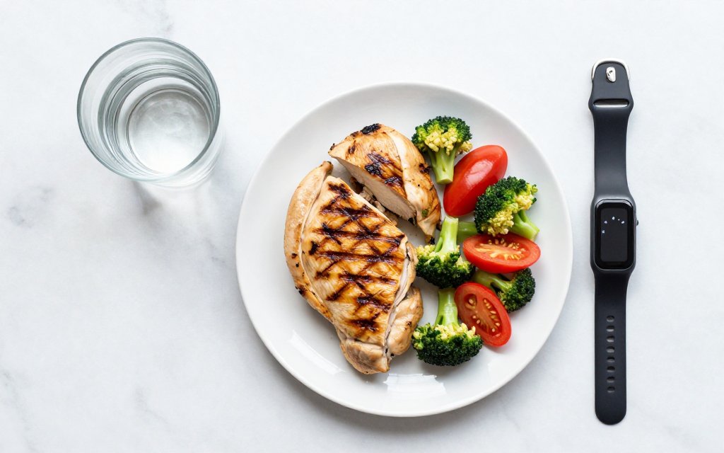 Overhead view of a plate, water, and a fitness watch, the parts that add up to your TDEE each day.