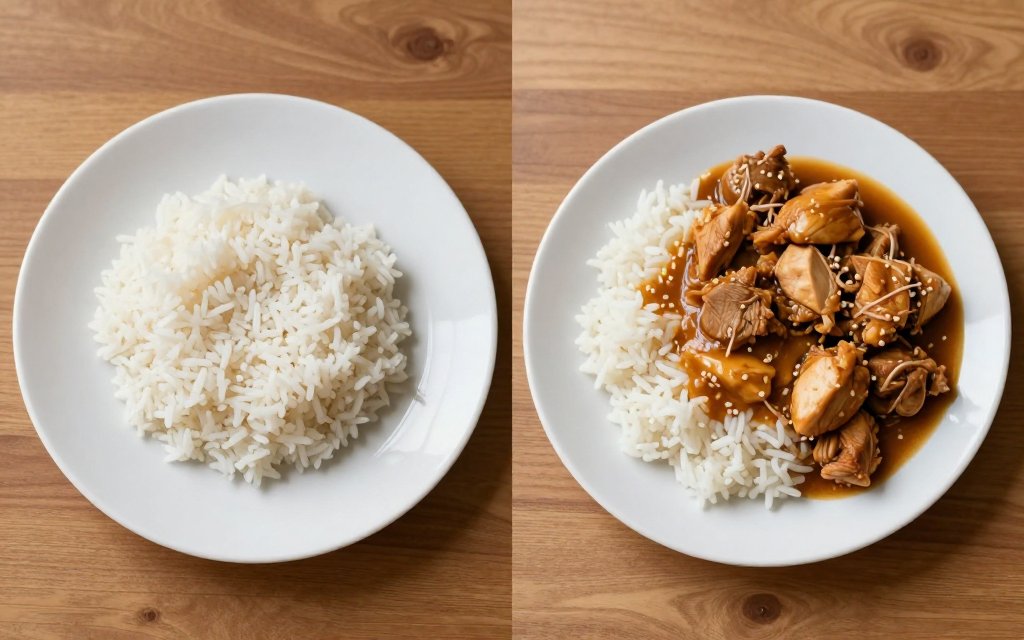 Two plates side by side, a smaller and a larger portion, comparing calories to maintain weight.
