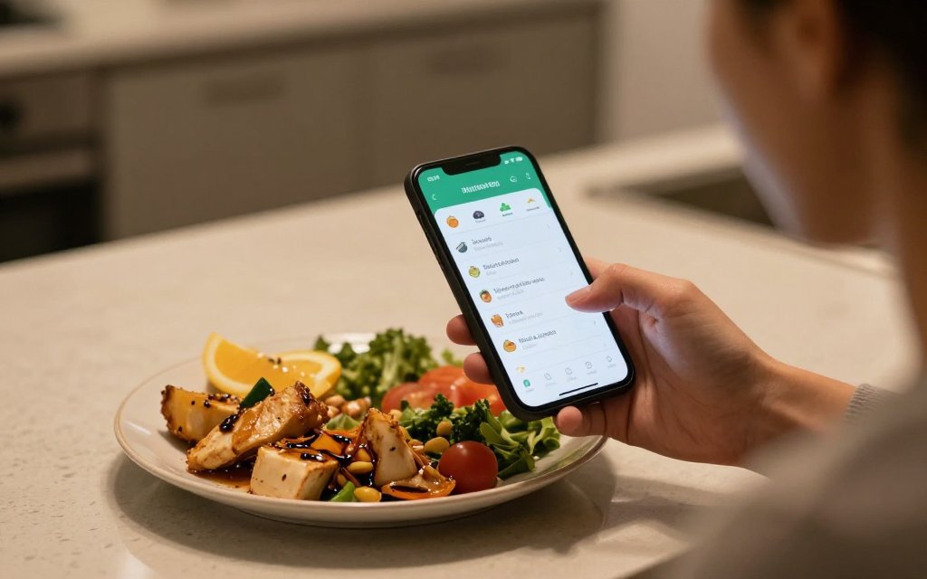 A hand holding a phone that shows a calorie tracker estimating maintenance calories from a meal photo.