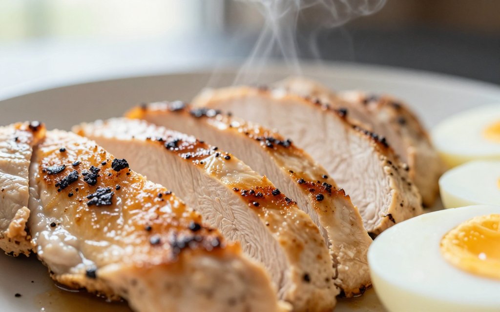 Close up of grilled chicken and eggs, high protein foods that raise the thermic effect of food.